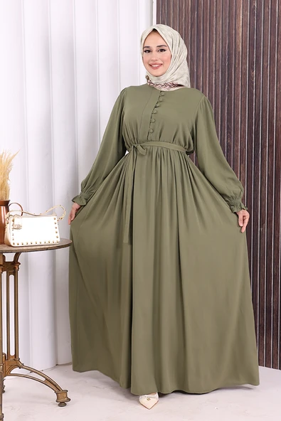 Düğme Detay Elbise 6055 Haki - Resim 3