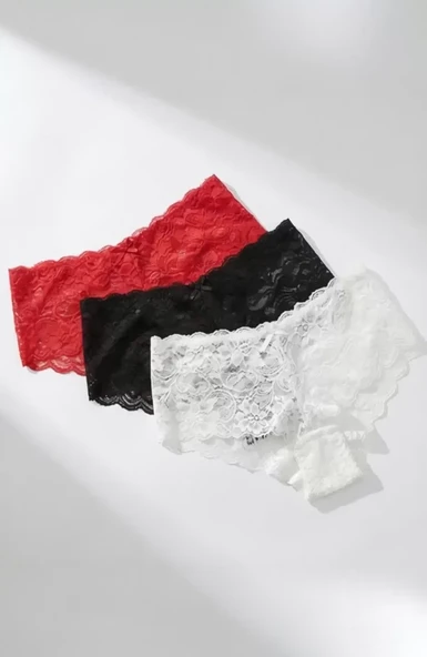 Kadın Siyah Beyaz Kırmızı 3'lü Paket Dantel Tanga Şort Külot - Modern ve Şık Tasarım ürün görseli 1