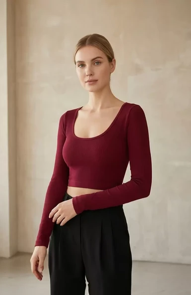 Kadın Bordo Uzun Kol Kare Yaka Crop Top Bluz ürün görseli 1