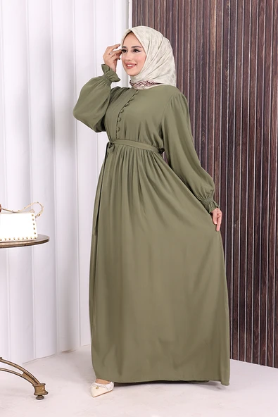 Düğme Detay Elbise 6055 Haki - Resim 4