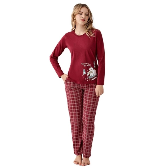 Arnetta %100 Pamuk Sıfır Yaka Ekose Bayan Pijama Takım ürün görseli 1