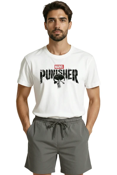 The Punisher Kuru Kafa ve Yazı Baskılı Grunge Tasarım Premium Erkek Tişört ürün görseli 1