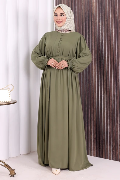 Düğme Detay Elbise 6055 Haki - Resim 2