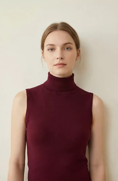Kadın Bordo Kolsuz Balıkçı Yaka Basic Bluz ürün görseli 1