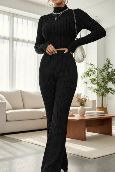 Kadın Siyah Boğazlı Crop Top ve Yüksek Bel Eşofman Takımı Spor Şık Kombin ürün görseli 1