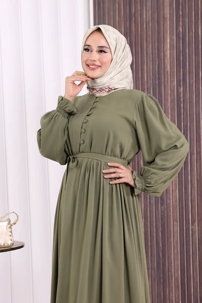 Düğme Detay Elbise 6055 Haki - Resim 6