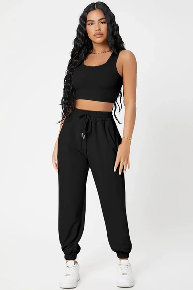 Kadın Siyah Kaşkorse Cepli Jogger Eşofman Altı ve Crop Top Bluz ürün görseli 1