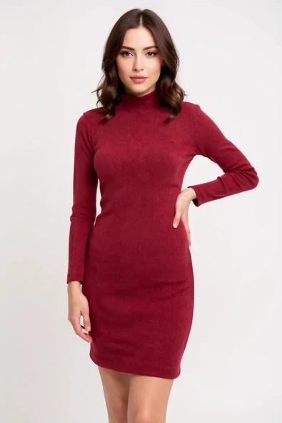 Kadın Bordo Kaşkorse Balıkçı Yaka Uzun Kollu Bodycon Mini Elbise - Şık, Rahat ve 4 Mevsim ürün görseli 1