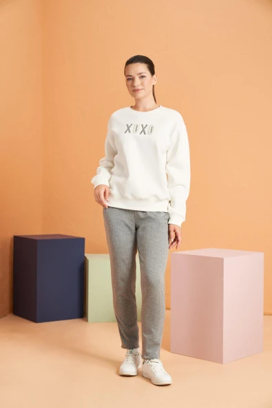 Pjs XOXO Kadın Baskılı Uzun Kollu Sweatshirt Çizgili Eşofman Takım ürün görseli 1