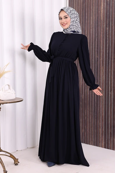Düğme Detay Elbise 6055 Lacivert - Resim 4