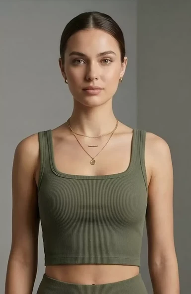 Kadın Haki Yeşili Kalın Askılı Crop Top Büstiyer - Modern ve Şık Tasarım ürün görseli 1