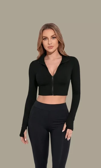 Kadın Siyah Uzun Kol Fermuarlı Parmak Geçme Detaylı Dik Yaka Crop Top Bluz ürün görseli 1