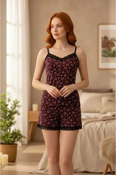 Kadın Mor Kalp Desenli Askılı Şortlu Dantelli Pijama Takımı ürün görseli 1