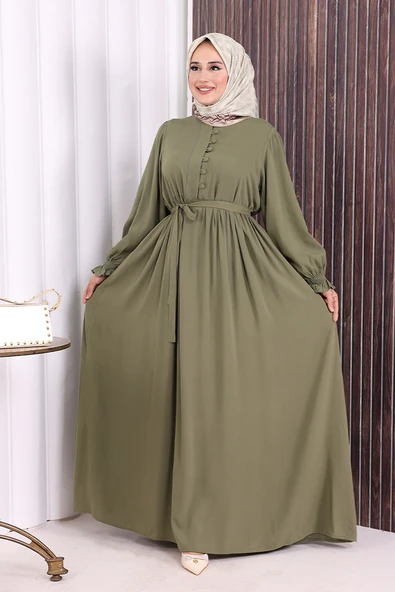 Düğme Detay Elbise 6055 Haki ürün görseli 1