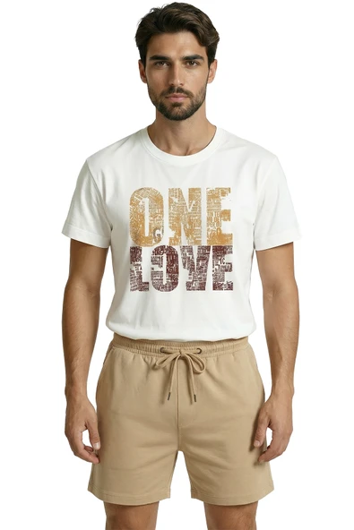 Sarı Kırmızı ''One Love'' Yazılı Vintage Görünümlü Premium Taraftar Tişört ürün görseli 1