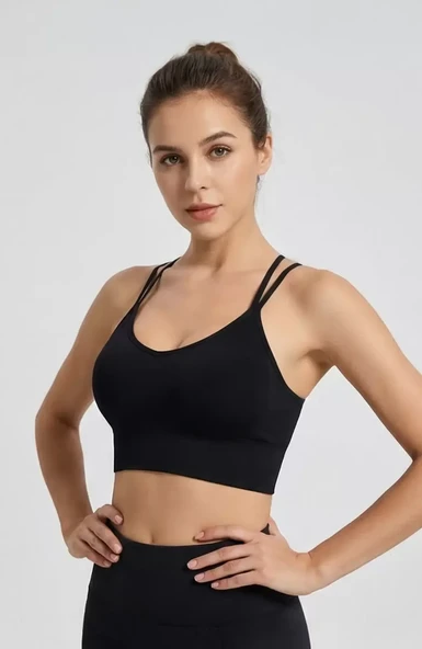 Kadın Siyah Çarpraz İpli Spor Büstiyer - Modern ve Şık Tasarım ürün görseli 1