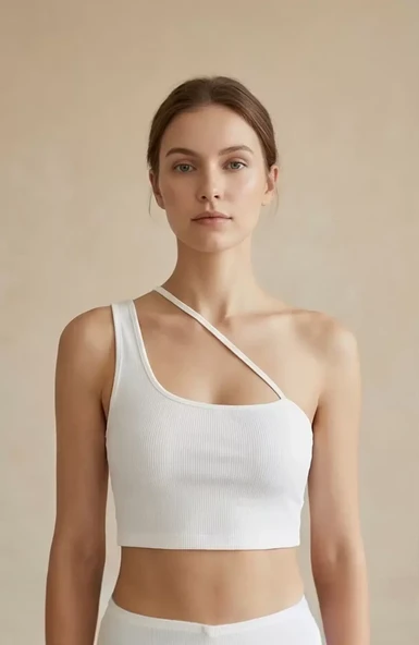 Kadın Beyaz Tek Omuzlu Çapraz Askılı Crop Top Büstiyer ürün görseli 1