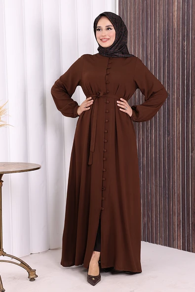 Boydan Düğmeli Ferace 6056 Kahverengi - Resim 3