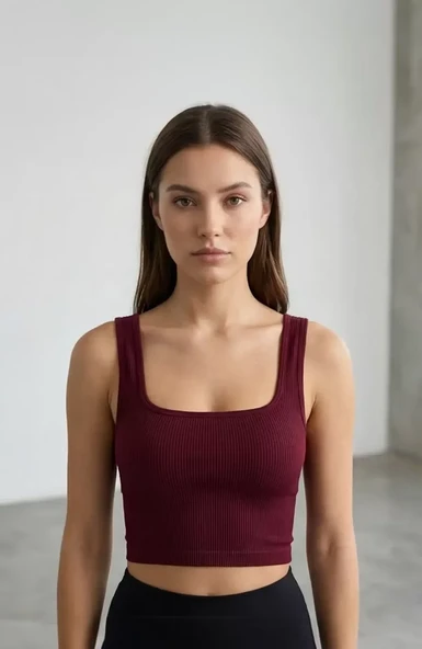 Kadın Bordo Kalın Askılı Crop Top Büstiyer - Modern ve Şık Tasarım ürün görseli 1