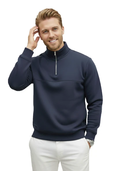 DeepSEA Erkek Relax Fit İçi Polarlı %100 Pamuk Yarım Fermuarlı Dik Yaka Sweatshirt 2600760 ürün görseli 1