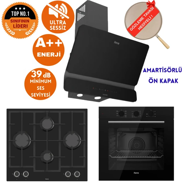 Ferre FlowArt&SilentArt  CQQL Sessiz Yeni Seri Siyah Ankastre  Set ( D080-SA + QBL62CS + LN385 ) ürün görseli 1