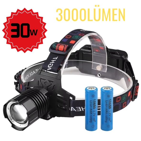 1 KM Menzilli 3000 Lümen Şarjlı Kafa Feneri - 30W Güç,  IPX-7 Suya Dayanıklı Kamp/Av Feneri ürün görseli 1