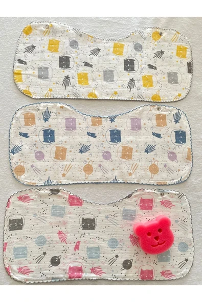 İkili Müslin Çift Katlı Çıtçıtlı Mama Önlüğü / Omuz Örtüsü & Banyo Süngeri ürün görseli 1