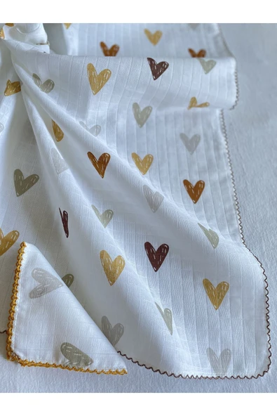Müslin Örtü 80x90cm Müslin Bebek Battaniyesi, Müslin Bez & Müslin Mendil Kahve Kalp Unisex Desen ürün görseli 1