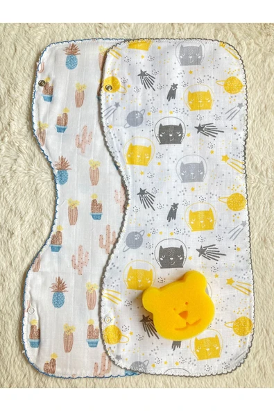 İkili Müslin Çift Katlı Çıtçıtlı Mama Önlüğü / Omuz Örtüsü & Banyo Süngeri ürün görseli 1