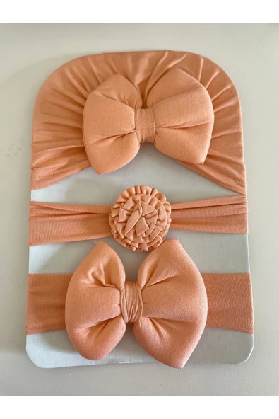 Kız Bebek Fiyonklu Bone Bandana / Kız Bebek Saç Bandı / Kız Bebek Hediyelik / 3' Lü Set ürün görseli 1