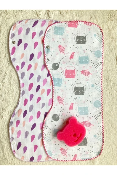 İkili Müslin Çift Katlı Çıtçıtlı Mama Önlüğü/Omuz Örtüsü & Banyo Süngeri ürün görseli 1