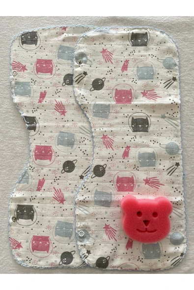 İkili Müslin Çift Katlı Çıtçıtlı Mama Önlüğü / Omuz Örtüsü & Banyo Süngeri ürün görseli 1