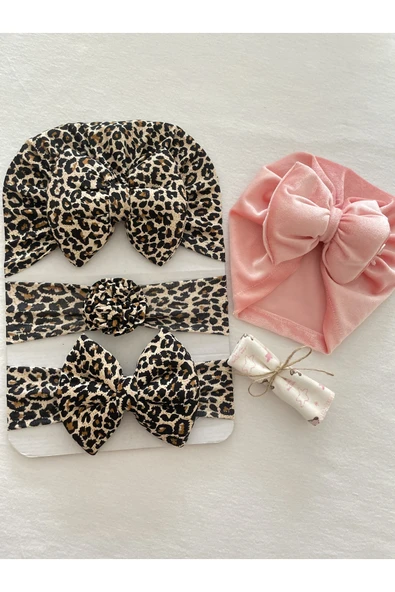 Kız Bebek Fiyonklu Bone Bandana 3 Lü Set & Şeker Pembe Kadife Bone / Kız Bebek Hediyelik ürün görseli 1