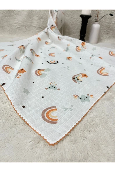 Müslin Battaniye 90x90 Cm / Müslin Örtü Bebek / Çocuk/ Yeni Doğan Gökkuşağı Desenli Müslin Bez ürün görseli 1
