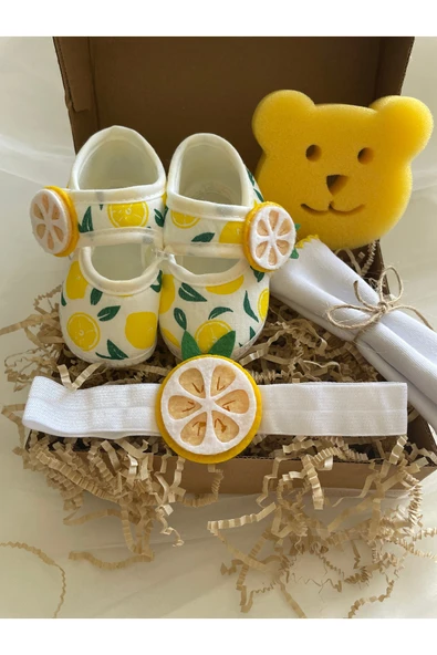 Kız Bebek Limonlu Saç Bantlı Patik / Yenidoğan Hediyelik / Limonlu Bandanalı Bebek Patik ürün görseli 1