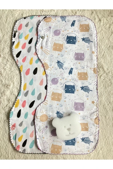 İkili Müslin Çift Katlı Çıtçıtlı Mama Önlüğü/ Omuz Bezi / Omuz Örtüsü & Banyo Süngeri ürün görseli 1