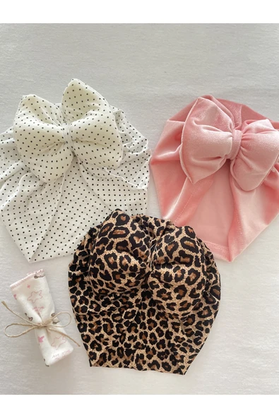 Kız bebek fiyonklu bone seti 3 lü karışık desen / Leopar, Puantiye ve Pembe Kadife /Kız Bebek Hediye ürün görseli 1
