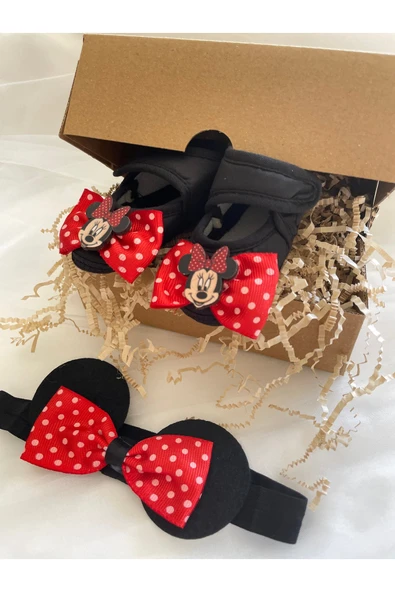 Kız Bebek Minnie Mouse Patik \ Mickey Mouse Bandanalı Siyah Patik / Yeni Doğan Bebek Hediyelik ürün görseli 1