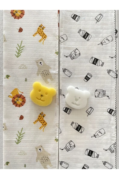 İkili Çok Amaçlı 80x90 Cm Müslin Battaniye Banyo Süngeri Seti / Yenidoğan Bebek Müslin Bez Hediyelik ürün görseli 1