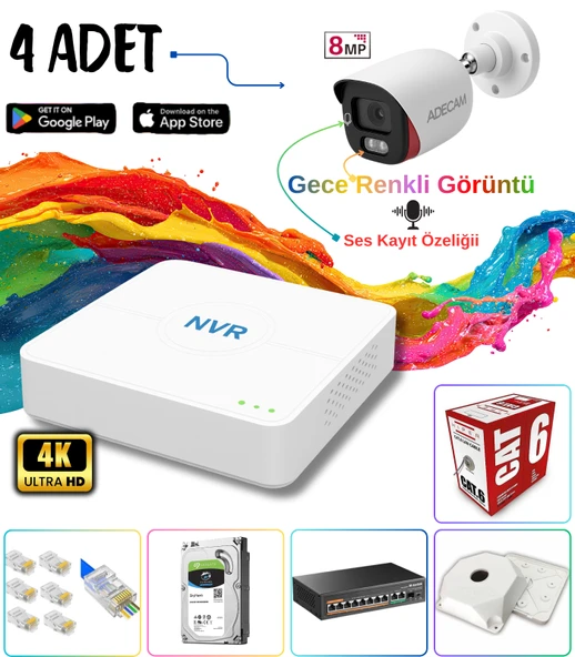 Adecam 4 lü Full HD IP Güvenlik Kamera Sistemi - Gece Renkli & Sesli Set + 30 Gün Kayıt, Cepten İzleme ürün görseli 1