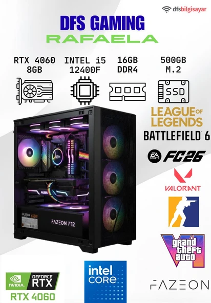 DFS Gaming RAFAELA INTEL I5 12400F-H610M-RTX 4060 8GB-16GB DDR4 RAM-500GB M.2 NVME-MASAUSTU OYUNCU BILGISAYARI ürün görseli 1