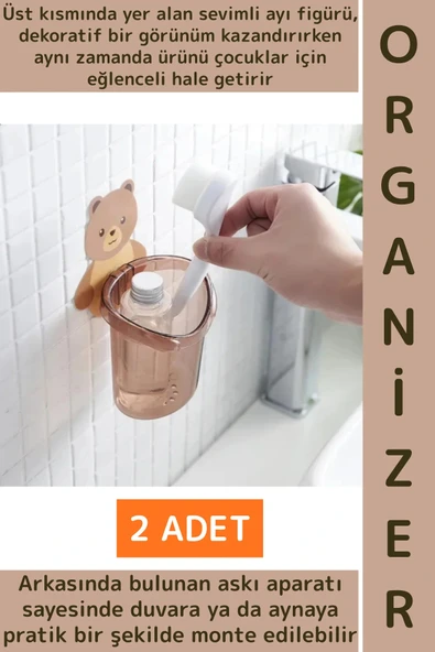 Asılabilir Kolay Montaj Mutfak Banyo Küçük Eşya Çocuk Odası Sevimli Ayı Figürlü Organizer 2 Adet ürün görseli 1