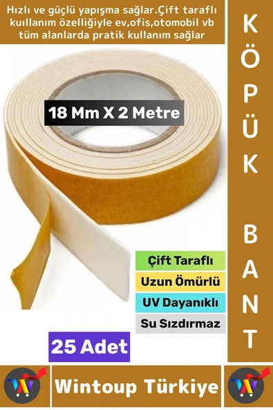 Süper Güçlü Yapışkan İç Mekan Duvar Ahşap Çok Yönlü Çift Taraflı Köpük Bant 18 Mm X 2 Metre 25 Adet ürün görseli 1