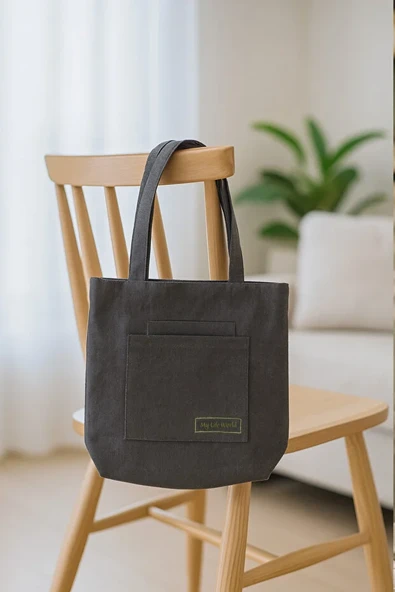 Çok Amaçlı Premium Tek Çıtlı Life Baskılı Füme Gri Orta Boy Kanvas El ve Omuz Çantası ürün görseli 1