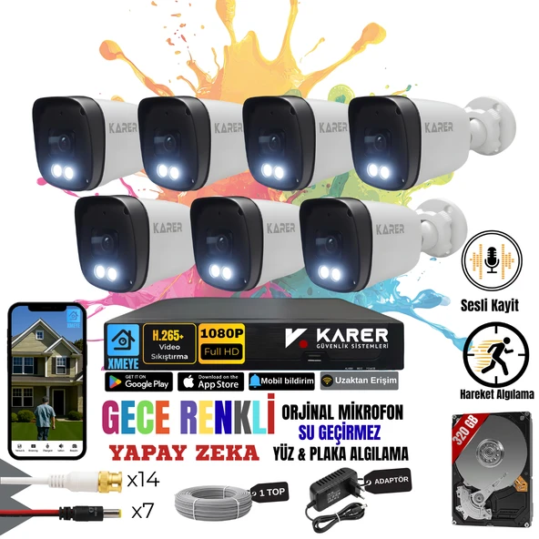 EXİTCAM 7 Kameralı SESLİ-YÜZ ve ARAÇ Tanımalı-GECE RENKLİ-SU GEÇİRMEZ GÜVENLİK SETİ ürün görseli 1