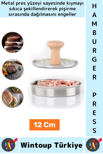 Uzun Ömürlü Ergonomik Tutuş Ahşap Saplı Izgara Çizgili Mutfak Kıyma Köfte Hamburger Press 12 Cm ürün görseli 1