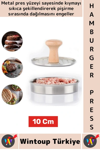 Uzun Ömürlü Ergonomik Tutuş Ahşap Saplı Izgara Çizgili Mutfak Kıyma Köfte Hamburger Press 10 Cm ürün görseli 1