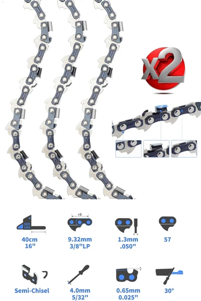2 Adet 28Diş Elektrikli Testere Zinciri 16 İnç (40 Cm) Bar, 57 Sürücü Bağlantıları, 3/8 Magnezyum ürün görseli 1