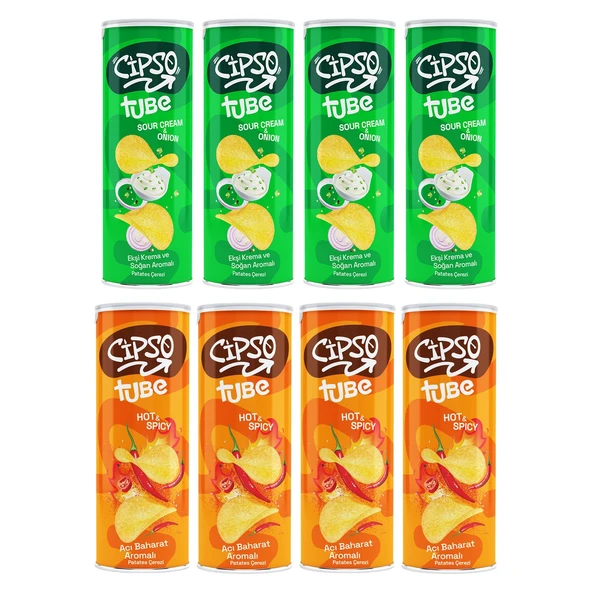 Cipso Tube Acı Baharat ve Ekşi Krema&Soğan Aromalı Cips 160 gr x 8 Adet ürün görseli 1