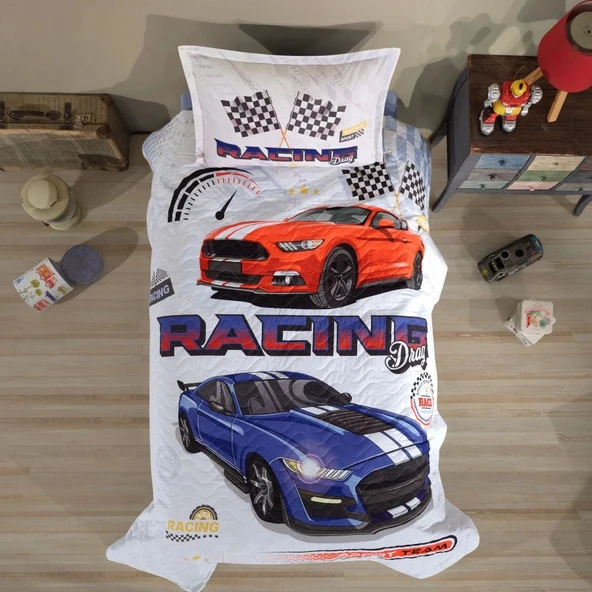 Clasy Ranforce %100 Pamuk Tek Kişilik Dört Mevsim Set Racing Drag V1 Mavi ürün görseli 1